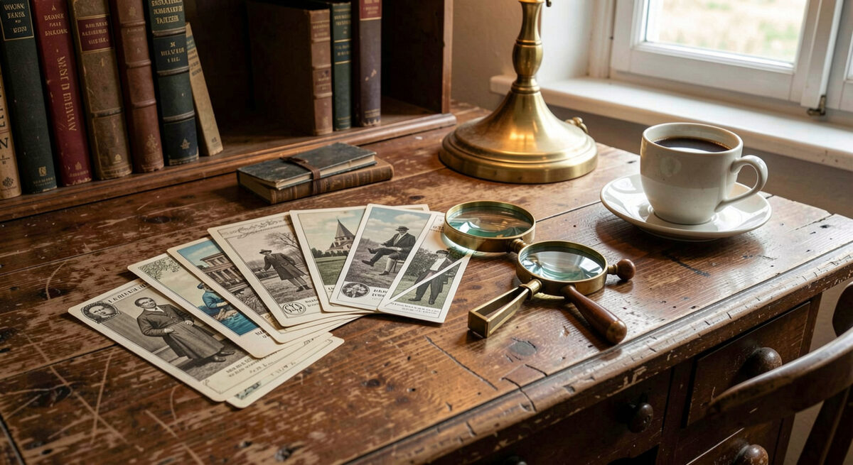 Fan of early twentieth century postcards on a worn wooden desk with a brass magnifier, stamp tongs and a cup of coffee