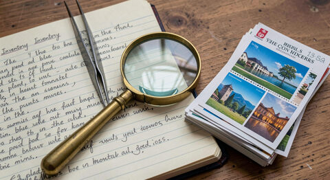 A brass magnifier and tweezers resting on a handwritten inventory notebook beside a stack of postcards