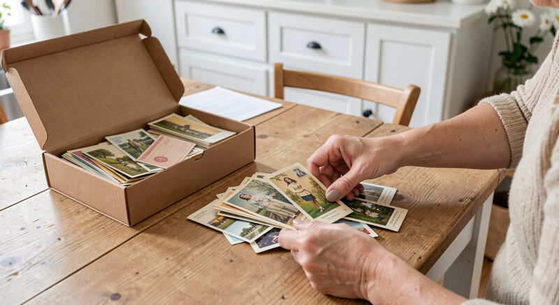 A beginner sorting a handful of old postcards on a kitchen table beside an open shoebox.
