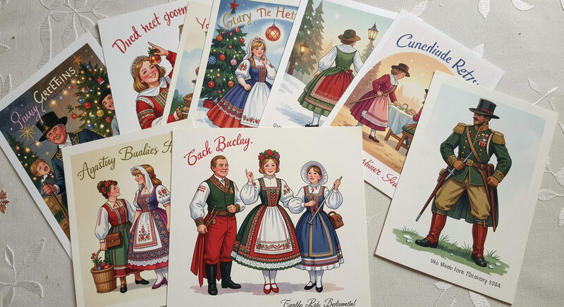 A selection of genre postcards spread out: festive greetings, folk costumes and a military card.